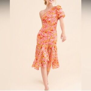 ASTR The Label | Santorini Floral Midi Dress One Shoulder Pink Orange